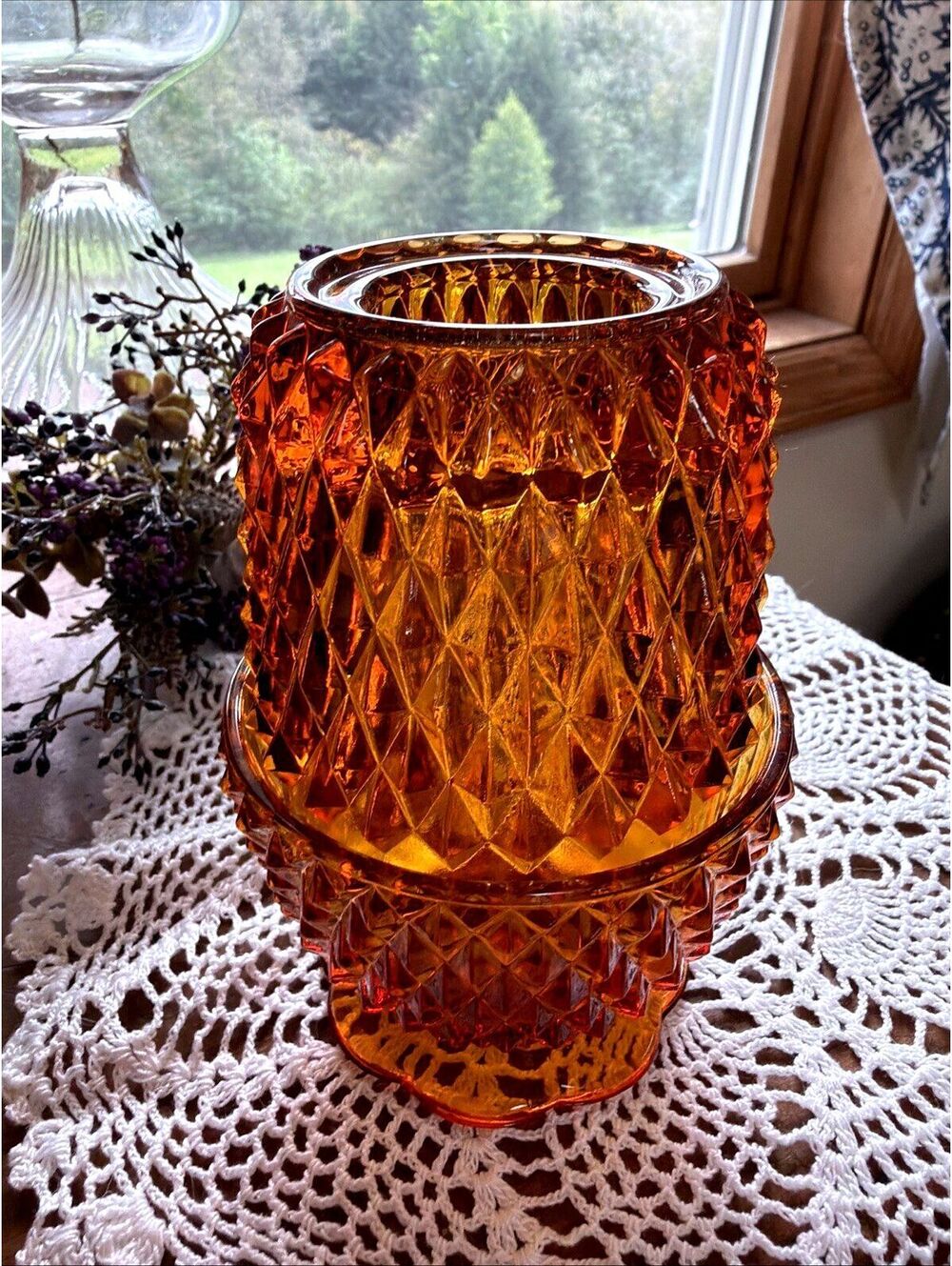 Vintage 1970s Indiana Glass Diamond Amber Fairy Lamp Candle Holder 5.5” MCM